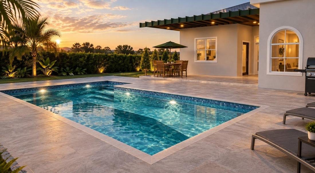 Backyard pool with sunken steps at sunset