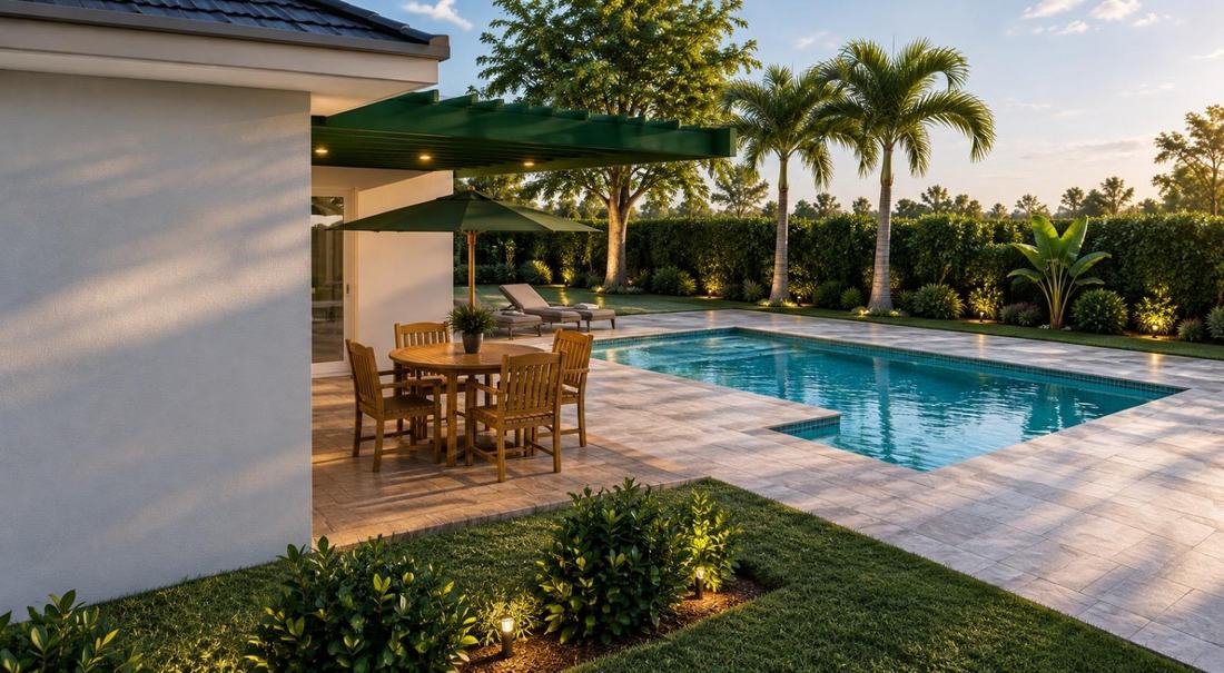 Covered patio dining area next to a backyard pool